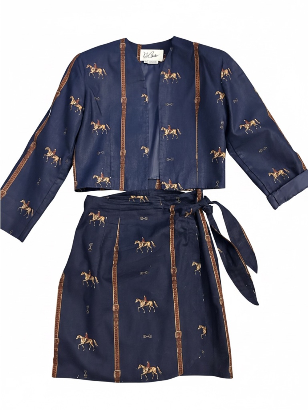 Vintage Equestrian Horse Print Matching Set Navy Wrap Skirt Top M